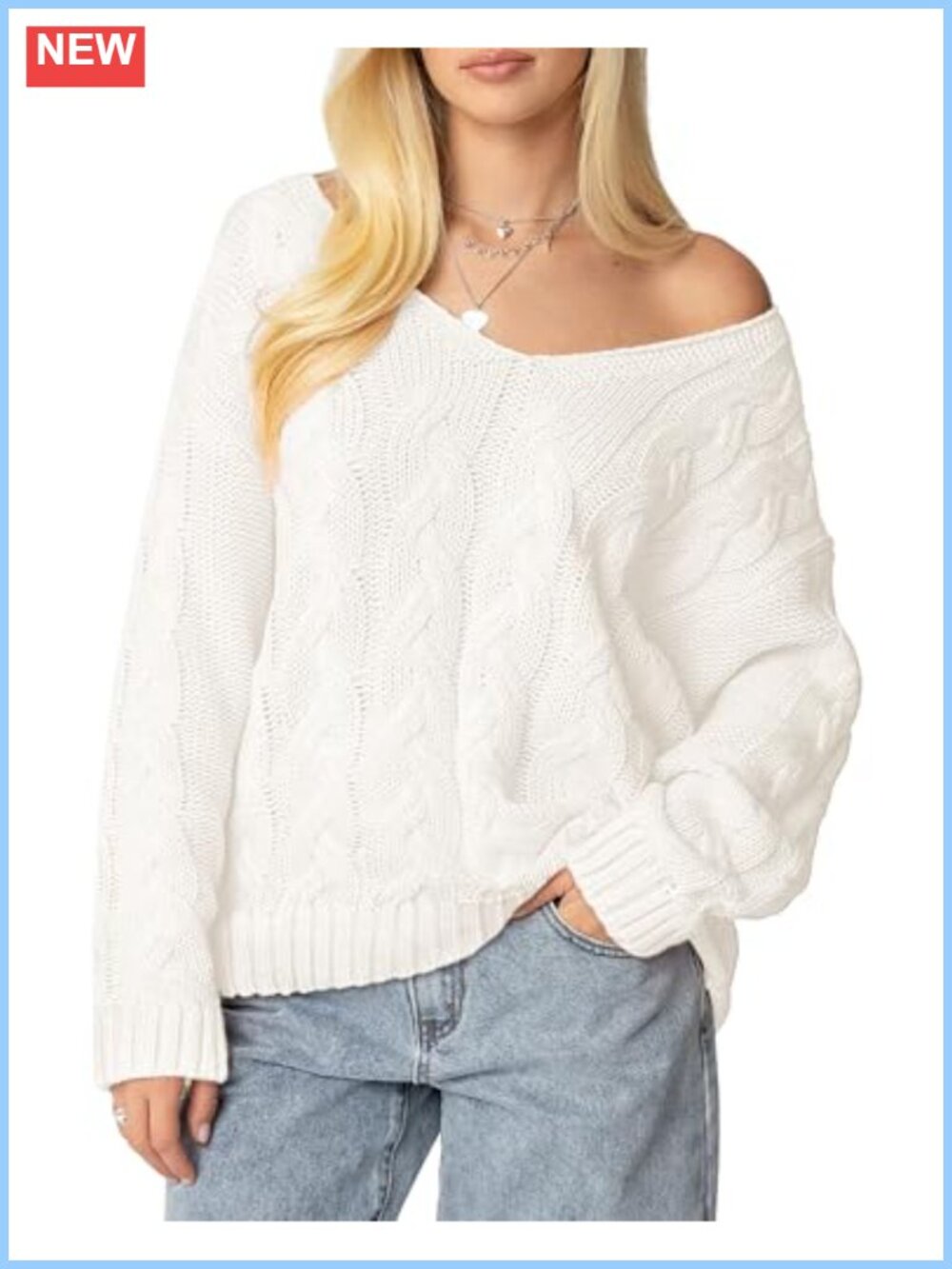 Oversized Cable Knit V Neck Long Sleeve Pullover Sweater